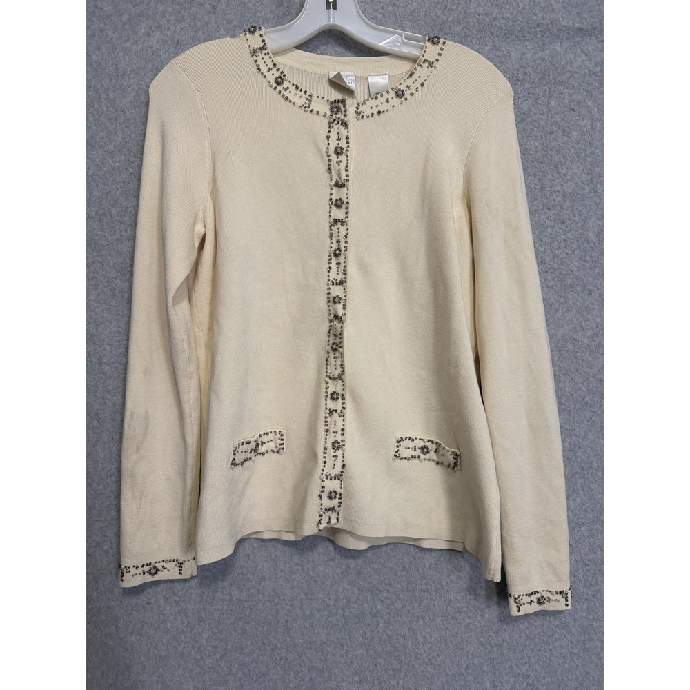 Emma James Cardigan Sweater Womens Petite L White Beaded Silk Blend Knit